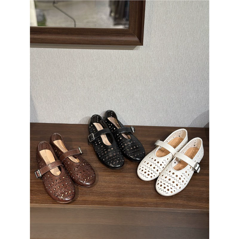 Новая модель 2025 года: оптовая продажа и разработка женских весенне-летних балеток Mary Jane из мытой конской кожи с перфорацией (версия из конской кожи)