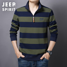 JEEP SPIRIT2025半拉链纯棉男秋季条纹立领长袖T恤休闲打底衫2039