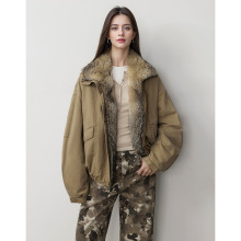 『巴黎叙事』超大貉子毛领水洗牛仔短款皮草派克服90白鸭绒羽绒服