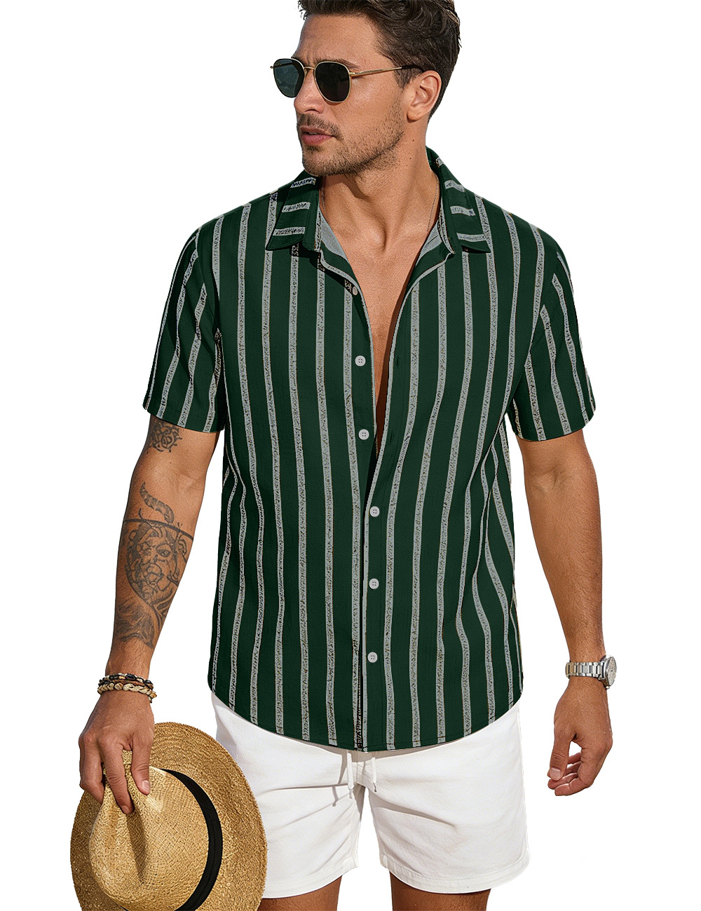Amazon verano nuevo hombre con la solapa a rayas cardigan de manga corta americano gran camisa casual de comercio exterior camiseta hombre