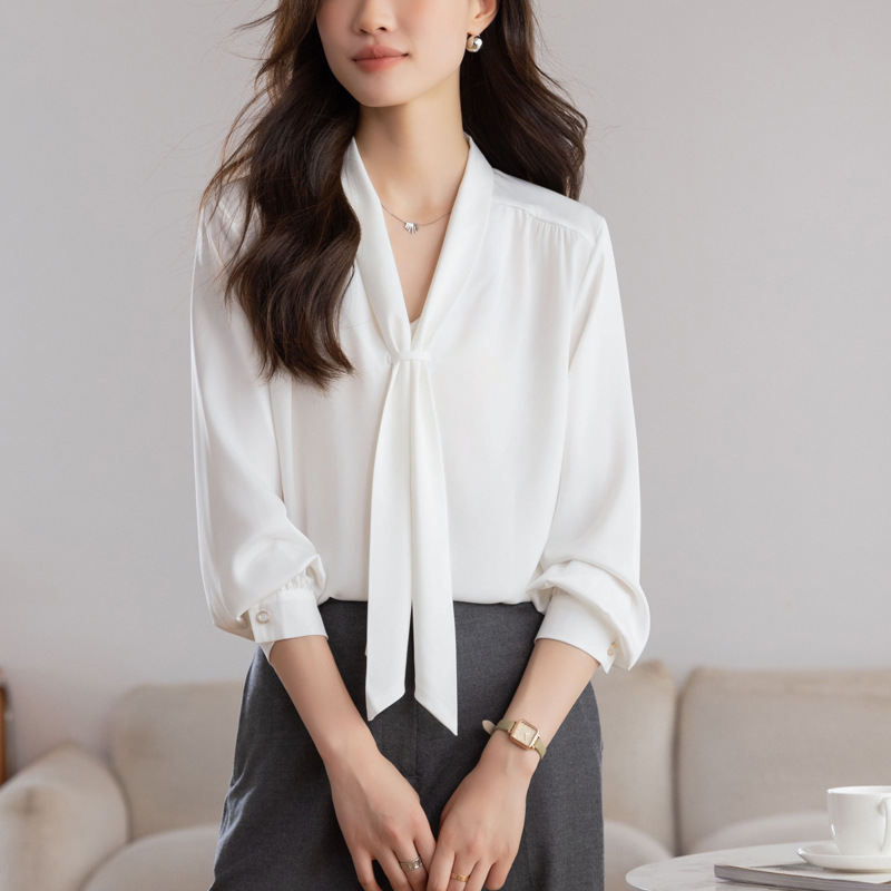 法式V领白衬衫女长袖2025秋季新款设计感飘带上衣衬衣一件代发|undefined