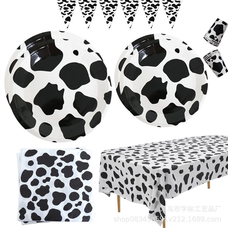Vacas blancas y negras estampadas vajilla de fiesta bandeja de papel papel papel papel papel papel papel papel regalo bebé fiesta animales de granja decoración temática