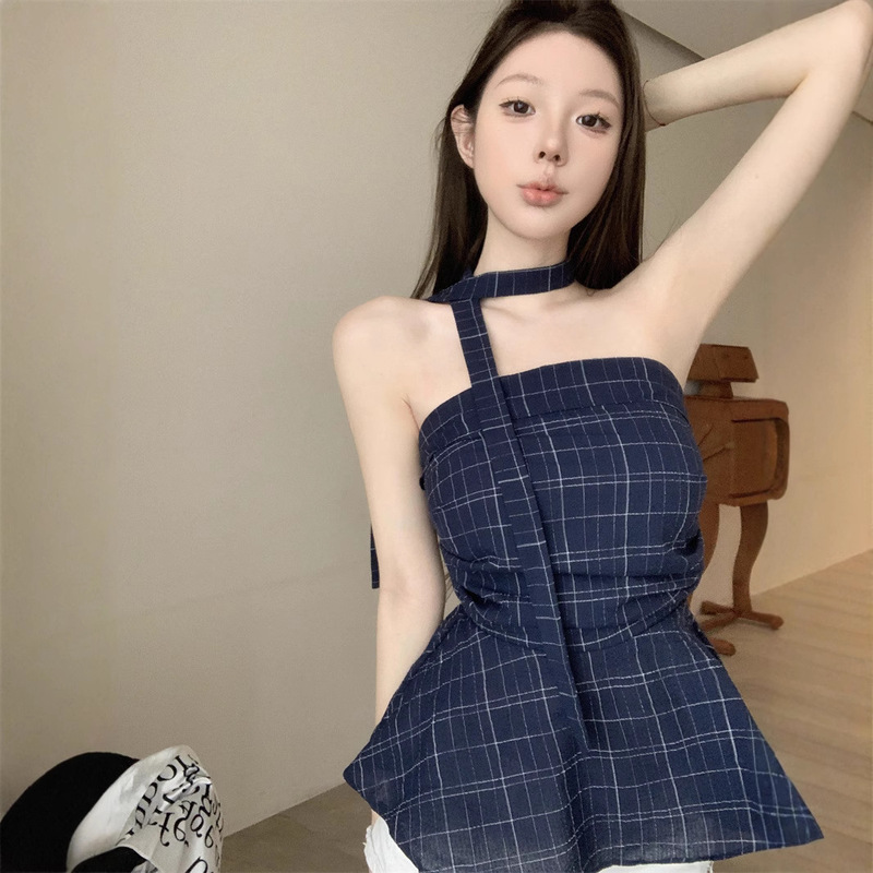 ブルーチェック柄リボン美しいバックチューブトップ女性の夏スリムウエストノースリーブアウターデザインホットガールトップ|undefined