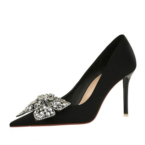 18249-H29 European and American style banquet high heels, thin heels, shallow cut pointed silk satin, rhinestone bow hig