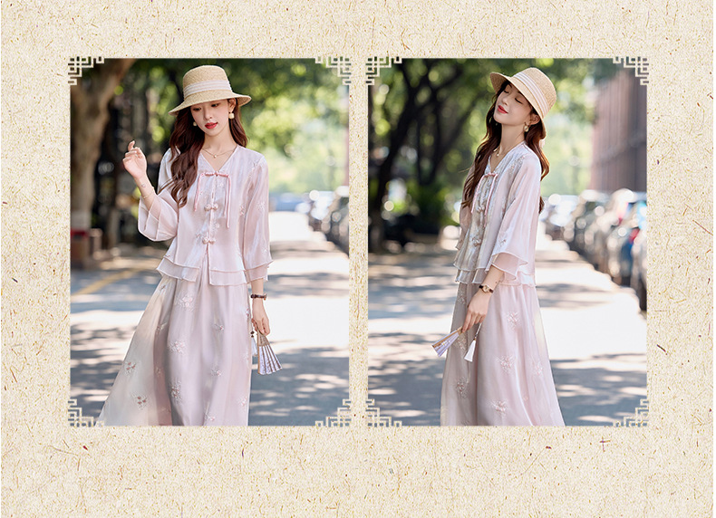 Bộ đầm maxi nữ thắt eo phong cách Trung Hoa mới tay ngắn cổ đứng — Màu như hình chi tiết 14
