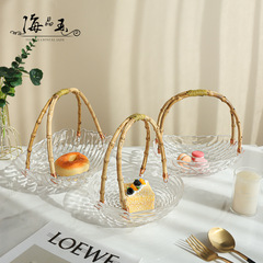 Japanese-style textured glass rattan woven hand-held fruit basket fruit plate high-quality and stylish home living room coffee table dessert pastry plate