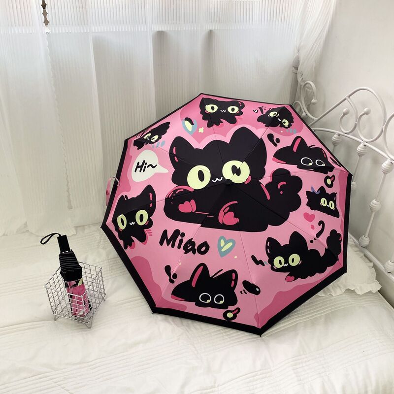 Cute Cat Full-automatic Umbrella Women's Sunny and Rainy Dual-purpose Black Rubber Folding Sun Umbrella Sunscreen UV Protection Sunshade
