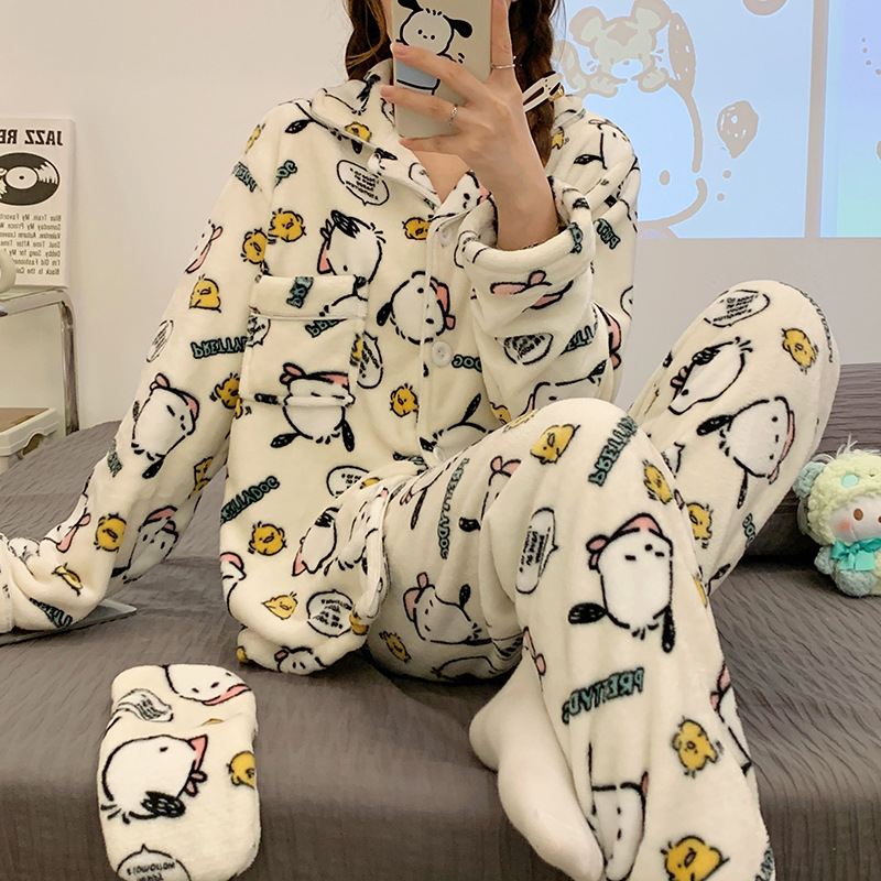 Popular Pacha perro pijamas de las mujeres franela solapa cardigan manga larga Otoño e Invierno máscara ojo libre dibujos animados homewear caliente conjunto
