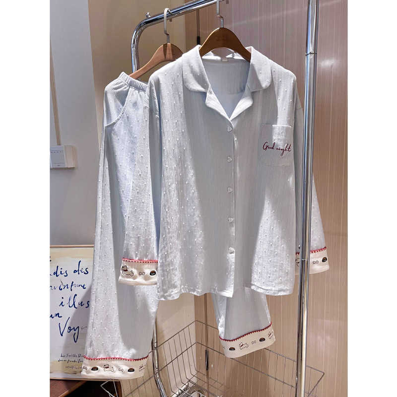 Korean Style Sweet Cartoon Striped Shirt Pajamas for Women 2026 Spring and Autumn New Long-Sleeved Long Pants Casual Home Wear Set
