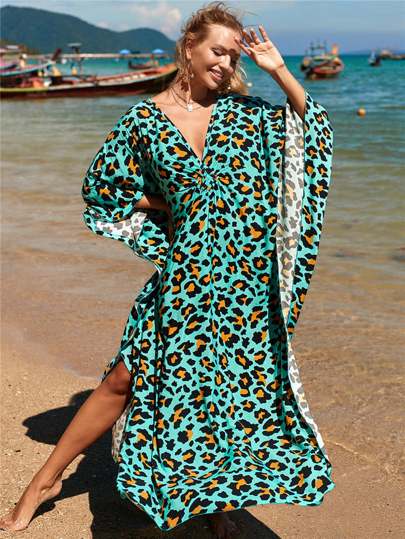 224g Weight Sunscreen Shirt Outerwear Type 3/4 Length Sleeve Sleeve Length Polyester Fabric Type Long Top Length V Neck Neckline Printing, Leopard Pattern Spring&Summer Season Women's Gender Vacation, Beach Style Women's Printing Leopard Vacation Beach Cover Ups 61