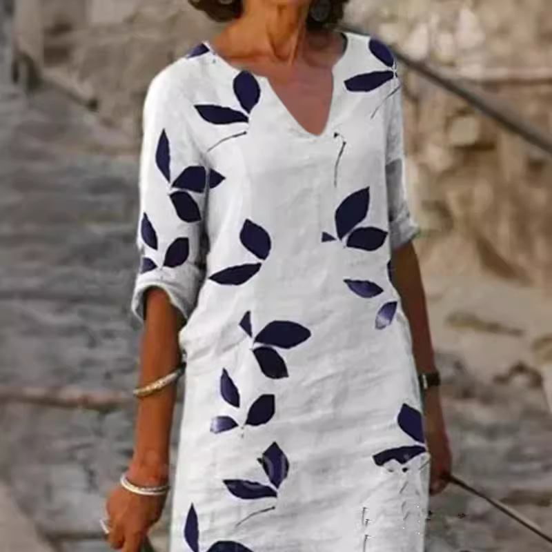 Foreign Trade Europe and the United States Cross-border Cotton Linen Loose Printed Pullover Retro Mid-length Dress Elegant Dress Women's Dress