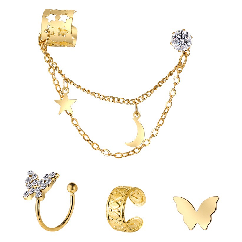 Transfronterizo nuevo diamante mariposa oreja hueso clip Conjunto de 4 piezas personalidad creativa Golden Star Moon C-tipo oreja clip