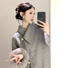春秋新款双面呢加厚毛呢子大衣冬狐狸毛长款毛呢外套女千金感大衣