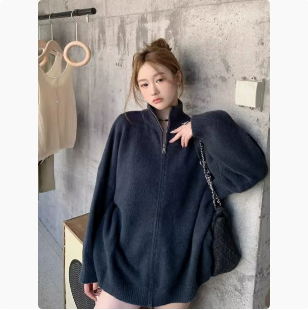 Трансграничный дизайн двойной застежки-молнии свитер с высоким воротником женский осень-зима новый свободный ленивый ветер вязаный кардиган куртка