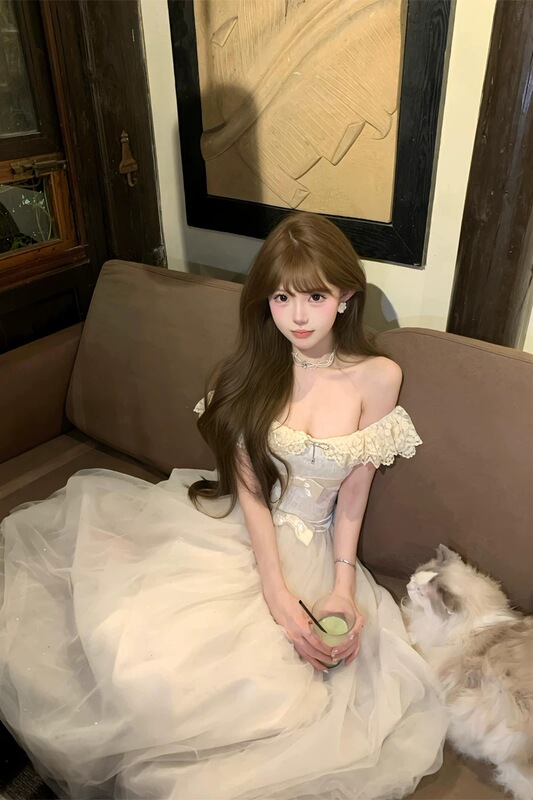 French-Style Sweet Rich Girl Dress, Summer First Love Princess Dress, Bow-Knot Mesh Long Skirt