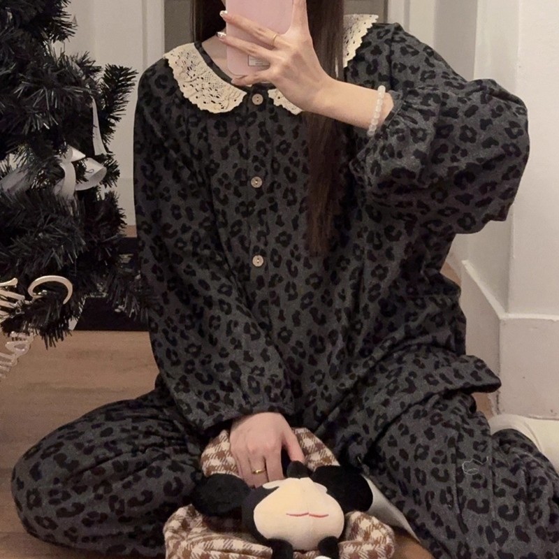 德绒睡衣女秋冬新款蕾丝花边豹纹灰色娃娃领公主风花边家居服套装|undefined