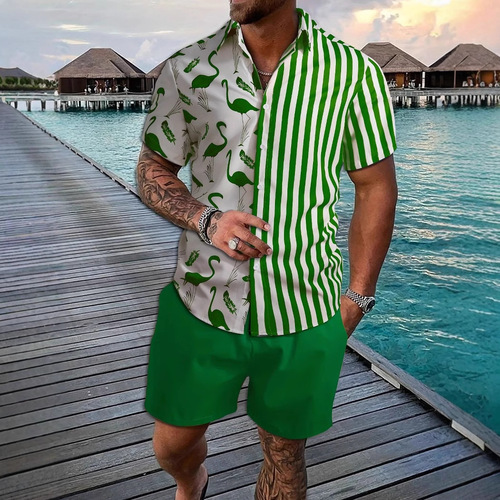 New Amazon Independent Station Trendy 3D Print Hawaii Cross-border Shirt and Shorts Set for Men