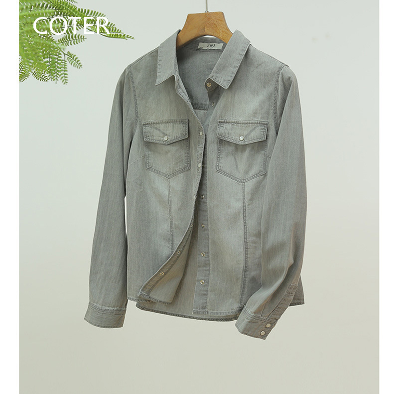 Pure Cotton Sand-Washed Denim Shirt for Women 2026 New Style Japanese-Style Loose Long-Sleeve Shirt for Women Spring Clothing