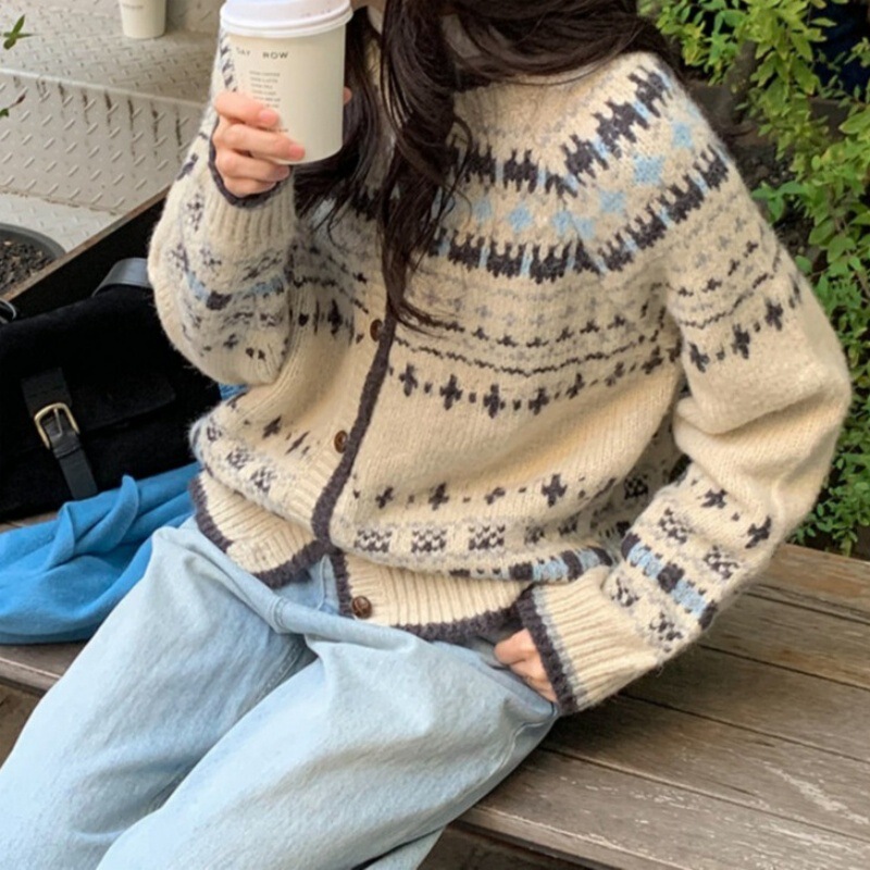 跨境外贸费尔岛针织开衫女2025秋冬季新款韩系提花设计感毛衣外套|undefined