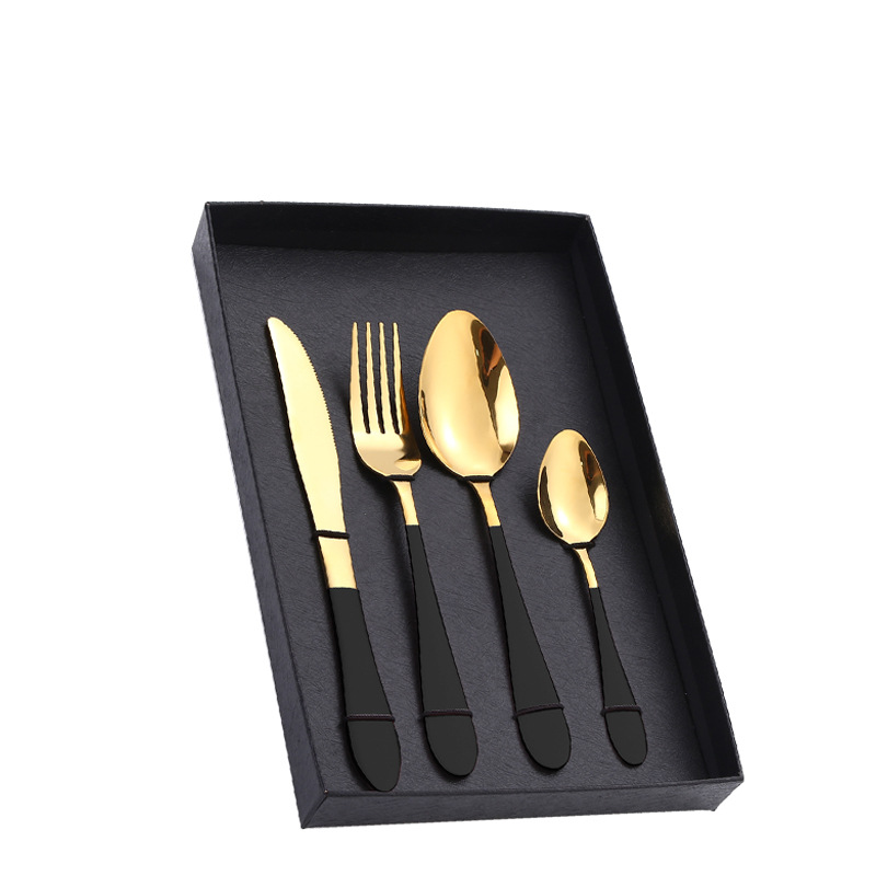 Amazon Tik Tok vajilla de acero inoxidable 4/5 piezas traje 1012 cuatro piezas principales caja de regalo cuchillo de comida occidental, tenedor y cuchara traje