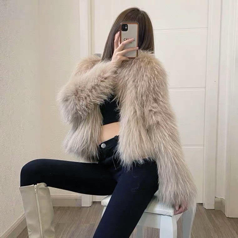Women's double-sided woven fur coat with whole leather raccoon fur 2023 Haining imported short fashion slimming leather fur