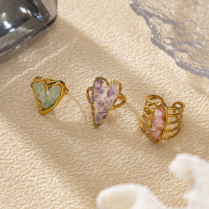 Anillo de acero inoxidable de 18k diseñado por mujeres de nicho, anillo de acero de titanio de piedra natural, joyería para mujeres