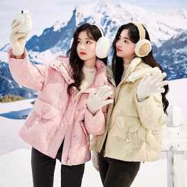 2024羽绒服女短款2024冬季新款鸭绒雪蝴蝶刺绣连帽外套小个子氨纶