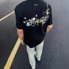 Oversize花刺繍シャツ女性デザイン感上着2025春夏痩せ気質半袖tシャツ男