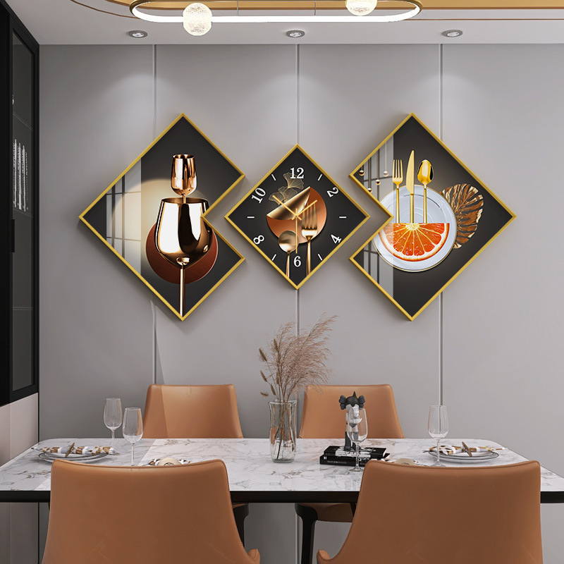 Light Luxury Restaurant Decorative Painting Triptych Combination Clock Hanging Painting Wine Glass Modern Simple Rhombus Wall Clock Dining Room Background Painting