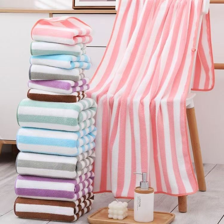 Striped coral fleece bath towel, thick, absorbent, soft, quick-drying, suitable for home use, men's and women's bath towel, beach towel, available for wholesale Striped coral fleece bath towel, thick, absorbent, soft, quick-drying, suitable for home use, men's and women's bath towel, beach towel, available for wholesale