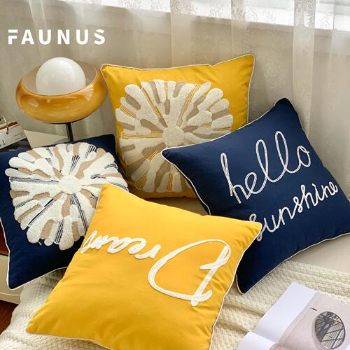 Popular European and American simple American plush embroidered pillow with scroll bar Yellow blue casual embroidered cushion