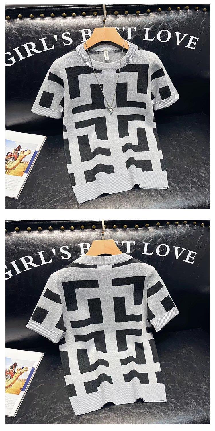 Spring And Autumn Hot-selling New Geometric Pattern Short-sleeved Men's Slim-fitting Casual Knitted Top T-shirt_viptrois.com
