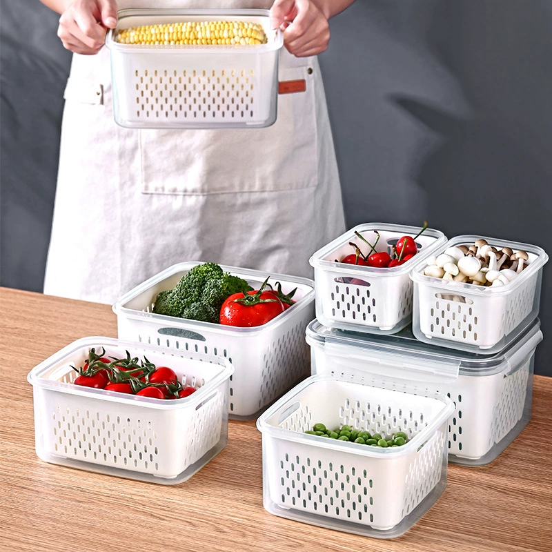 Double‑layer draining food storage box, transparent food‑grade, multiple sizes & sets