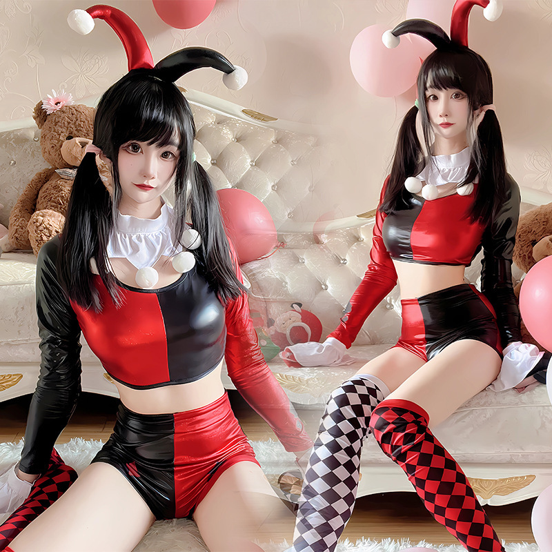 萬聖節新款黑紅緊身性感服裝舞會派對角色扮演服cos滑稽小丑服裝