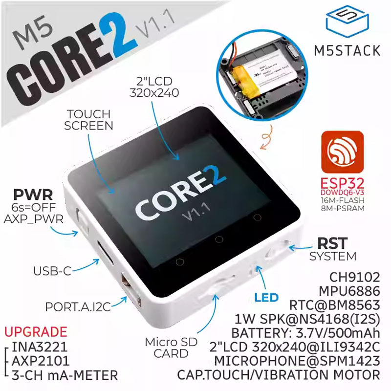Official M5Stack Core2 V1.1 Esp32 Touch Screen Iot Development Kit Graphical Programming Master Control