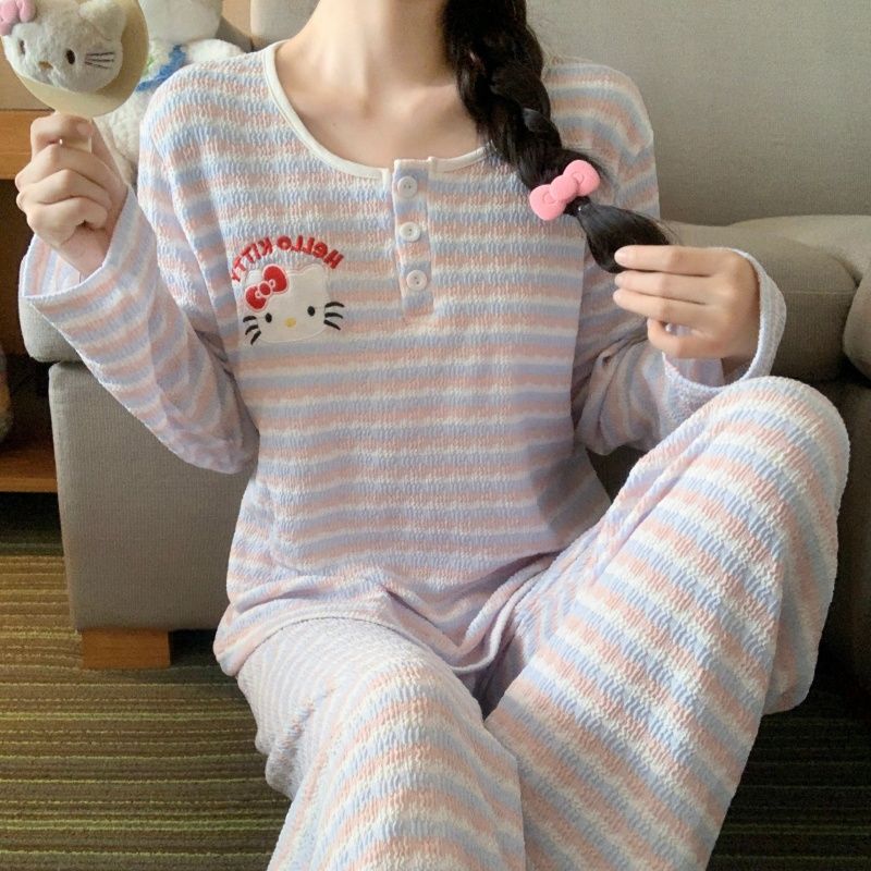 2025년 신상 컬러 직조 스트라이프 잠옷 여성용 봄 가을 긴팔 심플 캐주얼 고정형 가슴 패드 홈웨어 세트