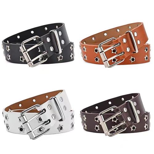 American-style edgy hollow-out vintage punk leather belt for women, featuring subculture-inspired star motifs and double-button detailing—perfect for Y2K-style denim pants and belts.