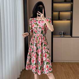 花色时尚洋气淑女名媛风大码女装胖mm胖妹妹短袖中长款连衣裙夏季