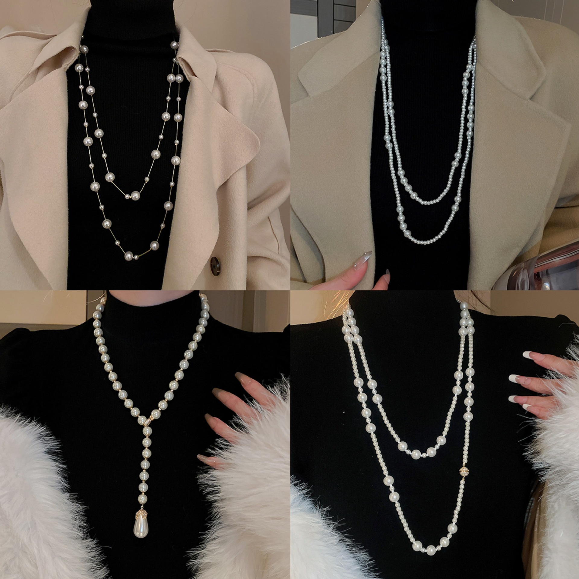 Collar con cuentas de perlas de gota de agua con diamantes transfronterizos otoño e invierno cadena de suéter de lujo ligero francés moda todo fósforo joyería de alta gama