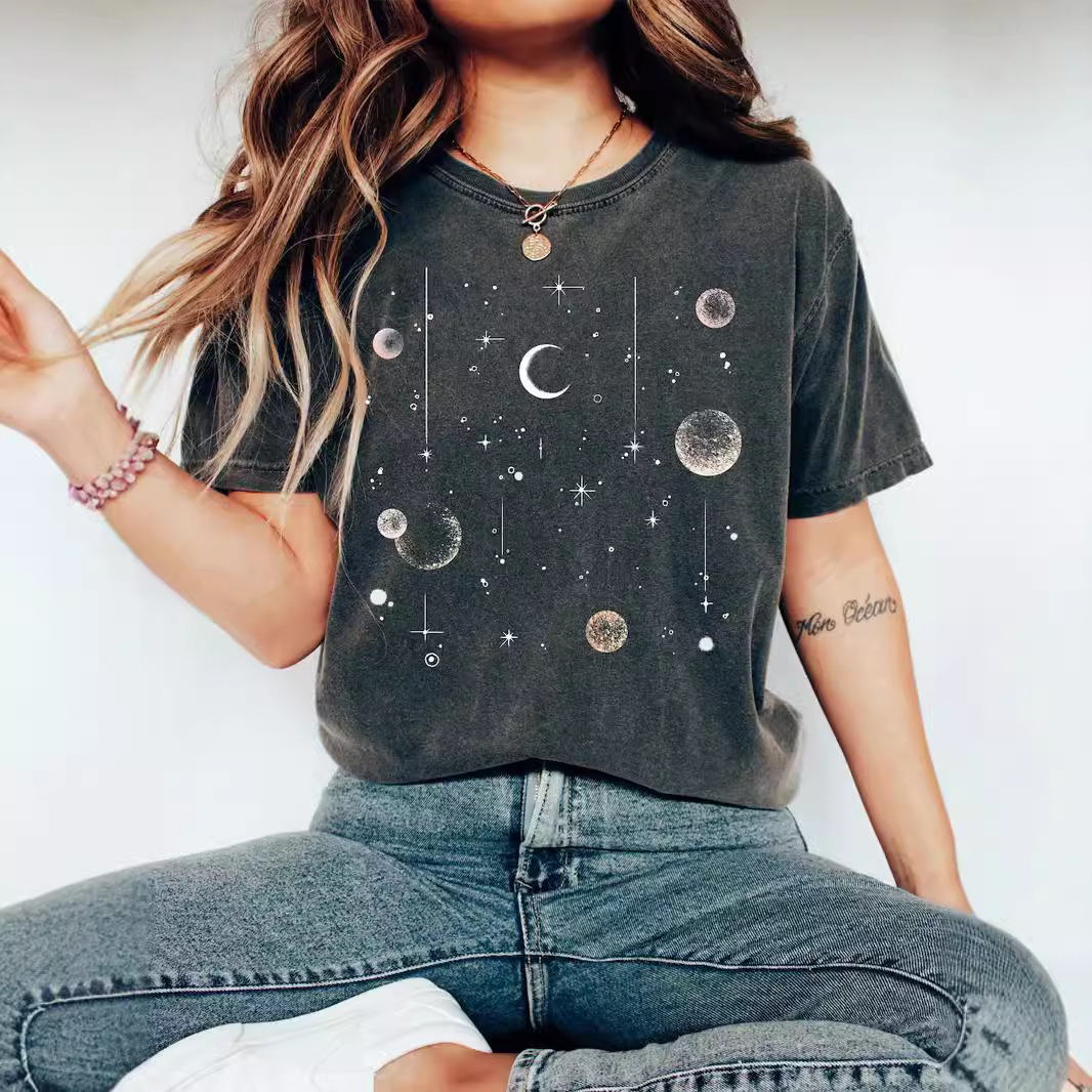 Transfronterizo nuevo eBay impresión digital unisex damas luna impresión digital casual cuello redondo jersey verano manga corta