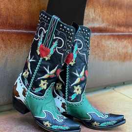 西部牛仔靴欧美外贸粗跟中跟复古刺绣铆钉拼色西部牛仔大码女靴43