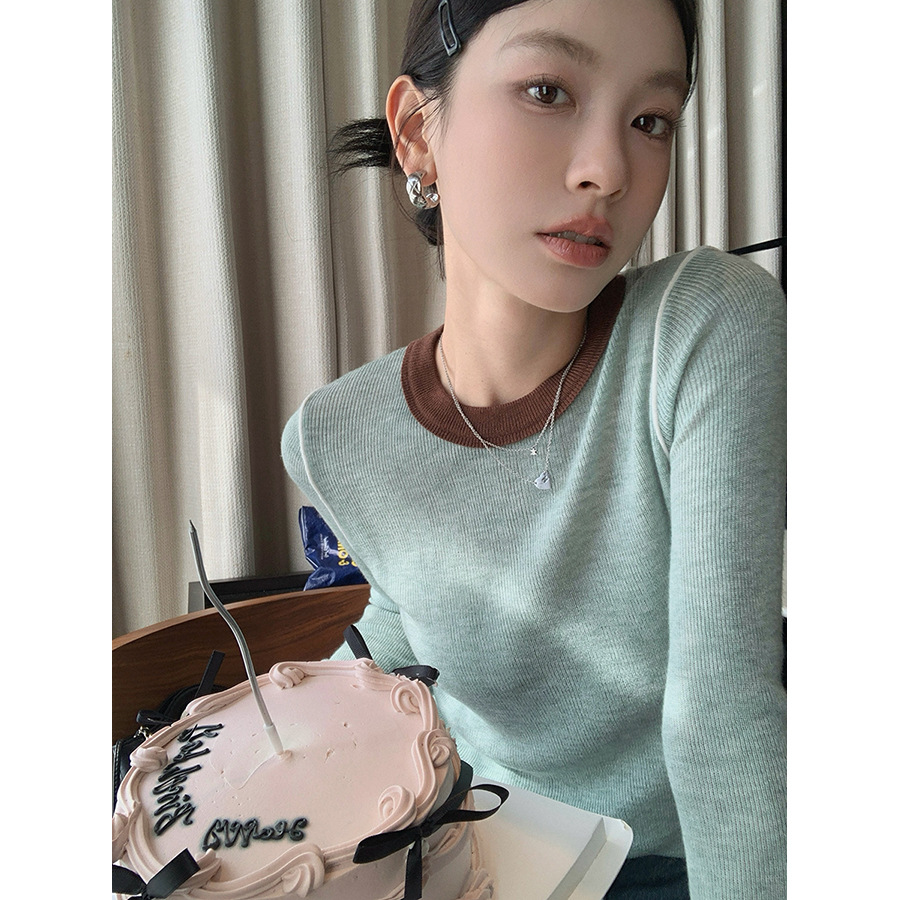 2024 가을과 겨울 Mercerized 양모 부드러운 왁스 슬리밍 모든 경기 기본 T 여성용 명암 크루 넥 긴팔 니트베이스 셔츠
