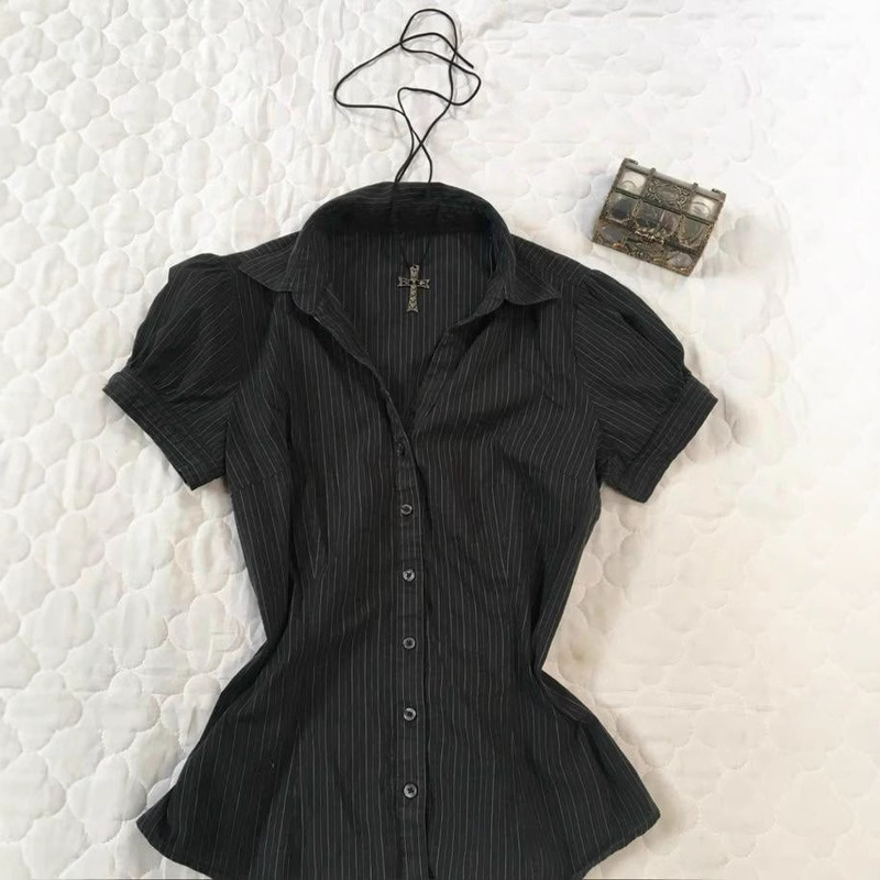 2025 New Summer Casual Urban Style Stripesd Simple Elegant Work Clothing Slim Buttoned Shirt Tops for Women