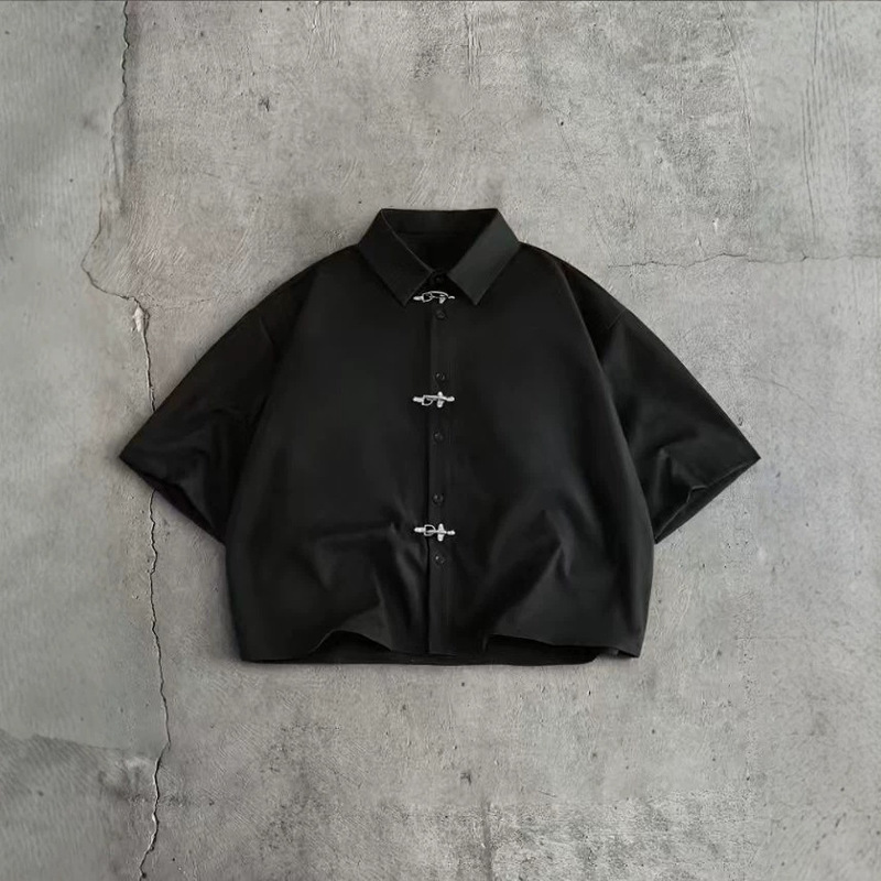 Men's Solid Color Short-Sleeve Casual Loose Shirt with Metal Airplane Buckle Buttons Trendy Men's Solid Color Short-Sleeve Casual Loose Shirt with Metal Airplane Buckle Buttons Trendy