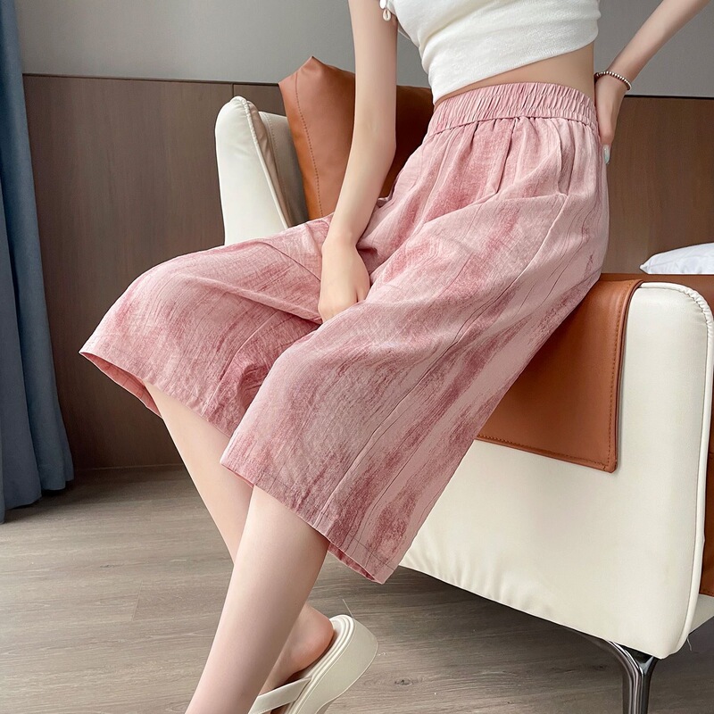 Plus-Size Women's Ice Silk Quick-Dry Cropped Pants, Summer Thin Wide-Leg Pants, Tie-Dye High-Waisted Straight Pants for Summer