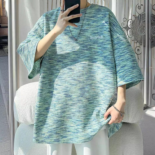 Men's Summer Embroidered Design T-Shirt with Relaxed Oversize Five-Pointer and Wafer Grid