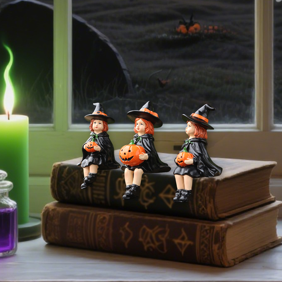  Halloween Night Pumpkin Sitting Witch Set of Three DIY Decoration Accessories Mini Holiday Ornaments Available