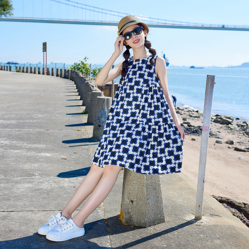 Vestido de las niñas de verano de algodón fino de moda estilo occidental falda de una línea de niños flojo lindo floral niña princesa vestido