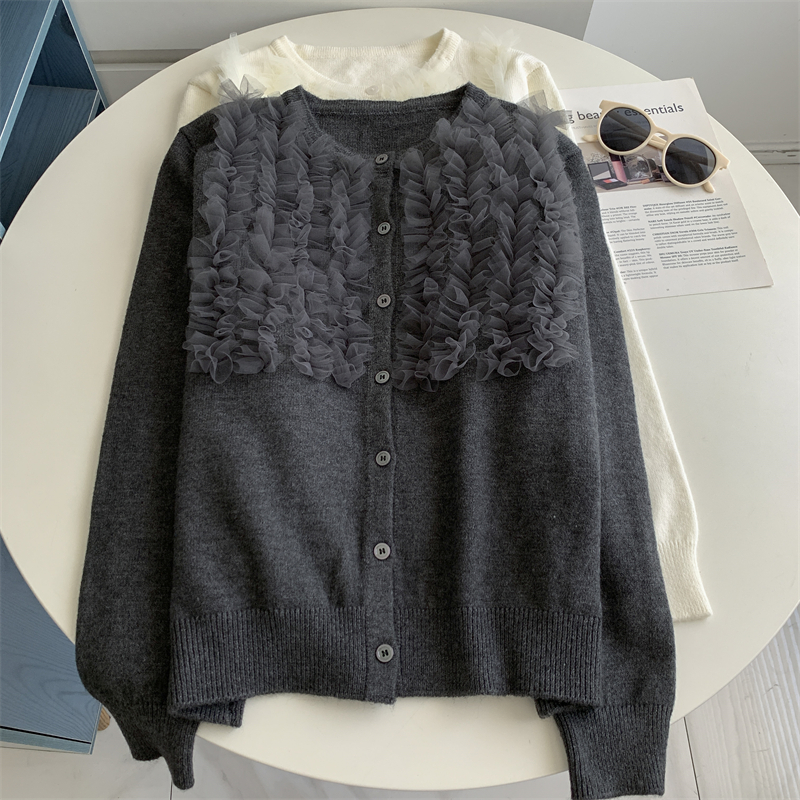 Fashionable Lace Ruffle Floral Knit Long-Sleeve Cardigan Round Neck Long-Sleeve Sweater with a High-End Feel for Women