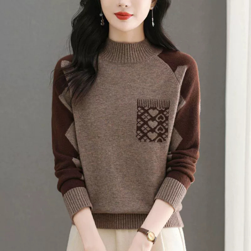 Cashmere Sweater Women's 25 Fall/Winter New Semi-high Neck Base Shirt Thickened Knitted Sweater Inner Jacket Loose Contrast Color Flower